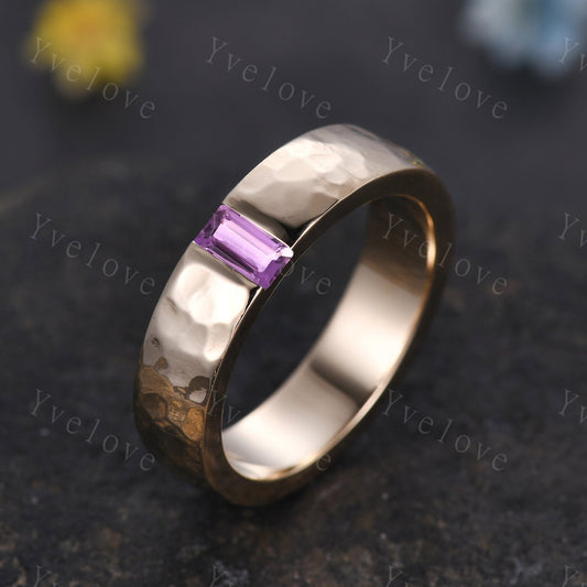 Mens Amethyst Wedding Band Baguette Cut Amethyst Band 5mm Solid Gold Ring Mens Hammered Stacking Matching Band Retro Vintage Ring Gift