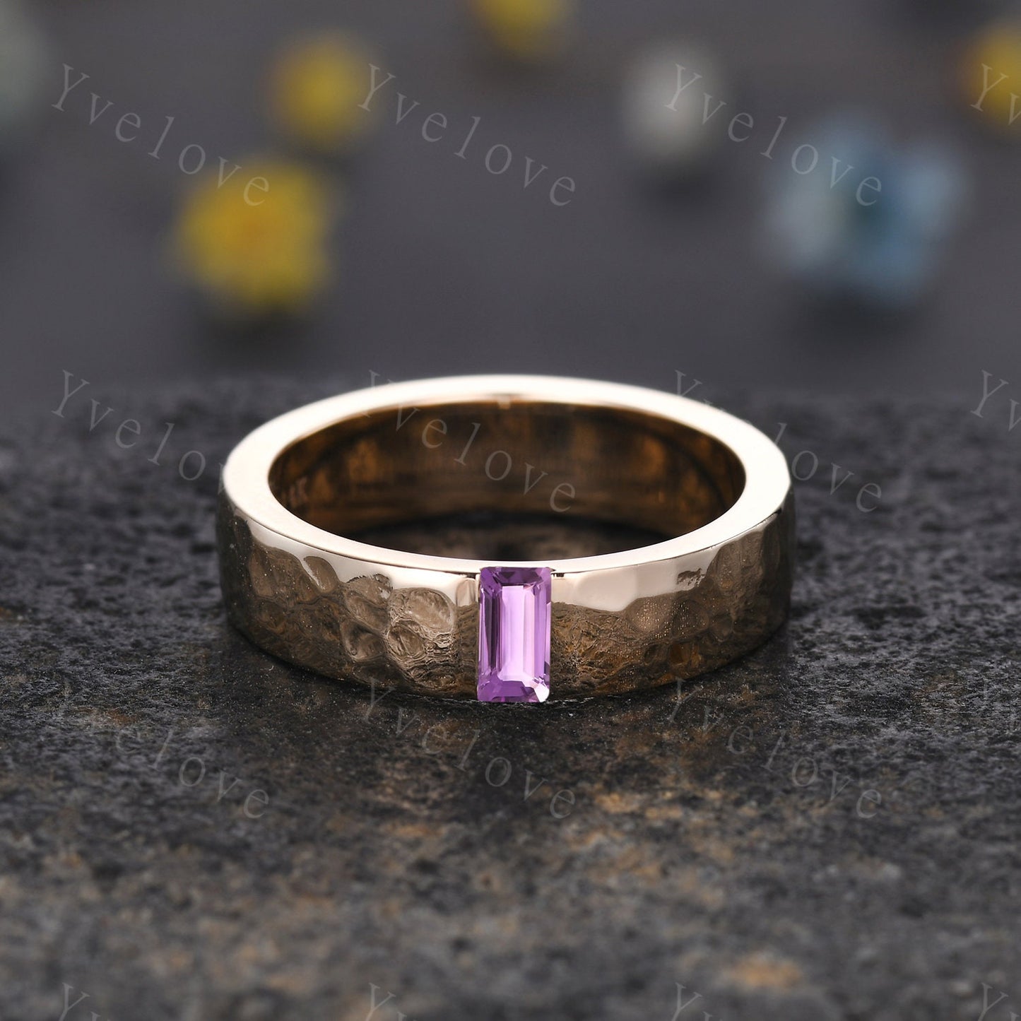 Mens Amethyst Wedding Band Baguette Cut Amethyst Band 5mm Solid Gold Ring Mens Hammered Stacking Matching Band Retro Vintage Ring Gift