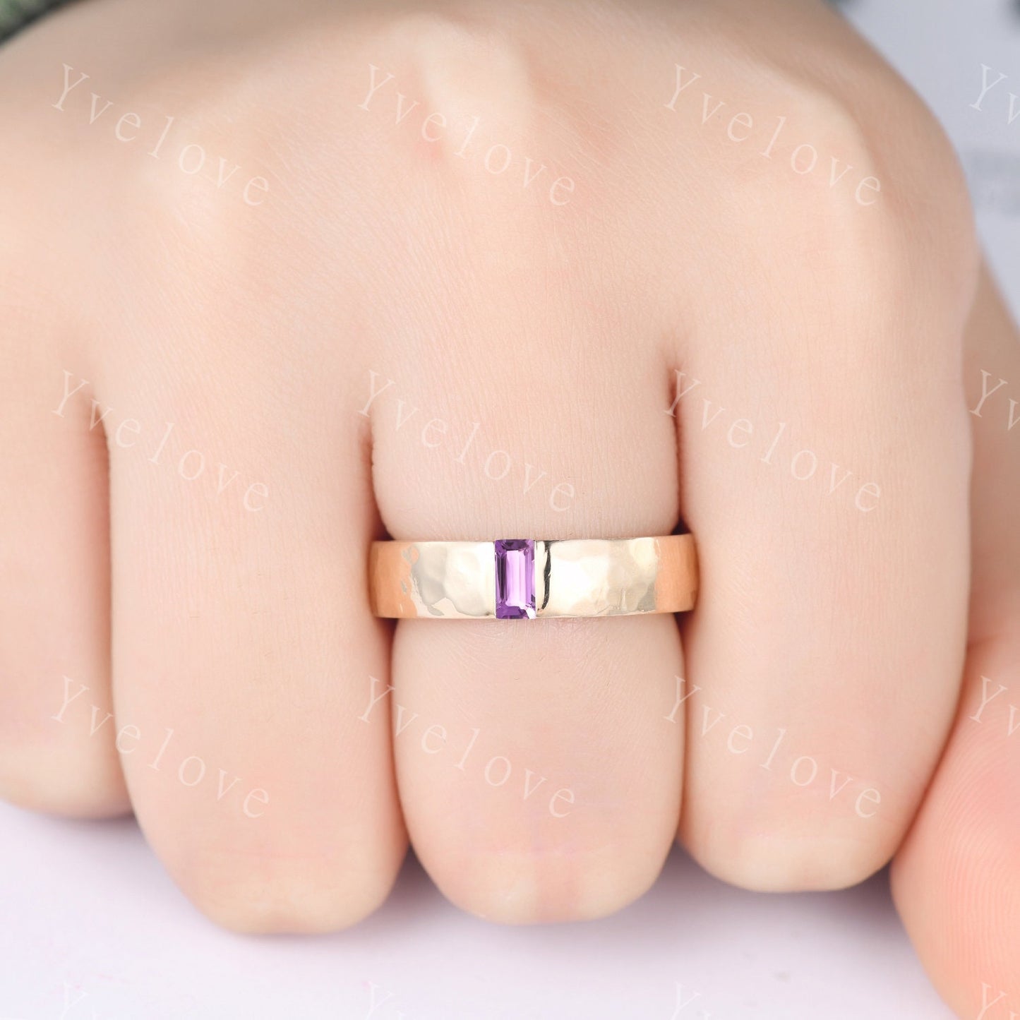 Mens Amethyst Wedding Band Baguette Cut Amethyst Band 5mm Solid Gold Ring Mens Hammered Stacking Matching Band Retro Vintage Ring Gift