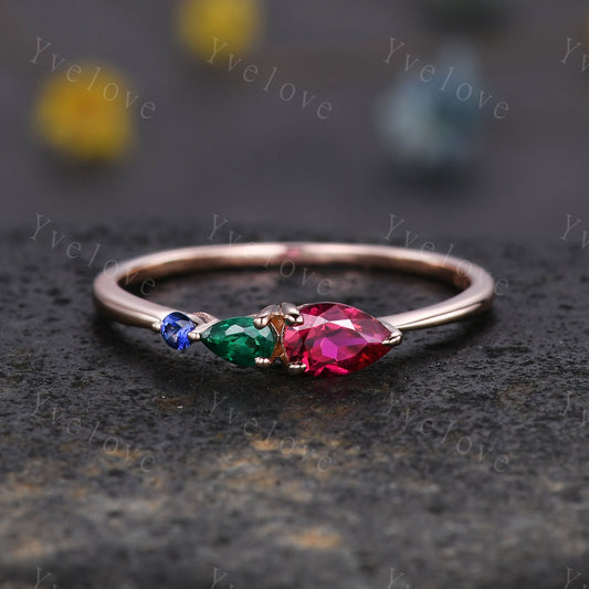 Vintage Red Ruby Engagement Ring,Pear Cut Emerald Gems,Art Deco Sapphire Wedding Band,3 Stone Unique Women Bridal Promise Ring,Custom