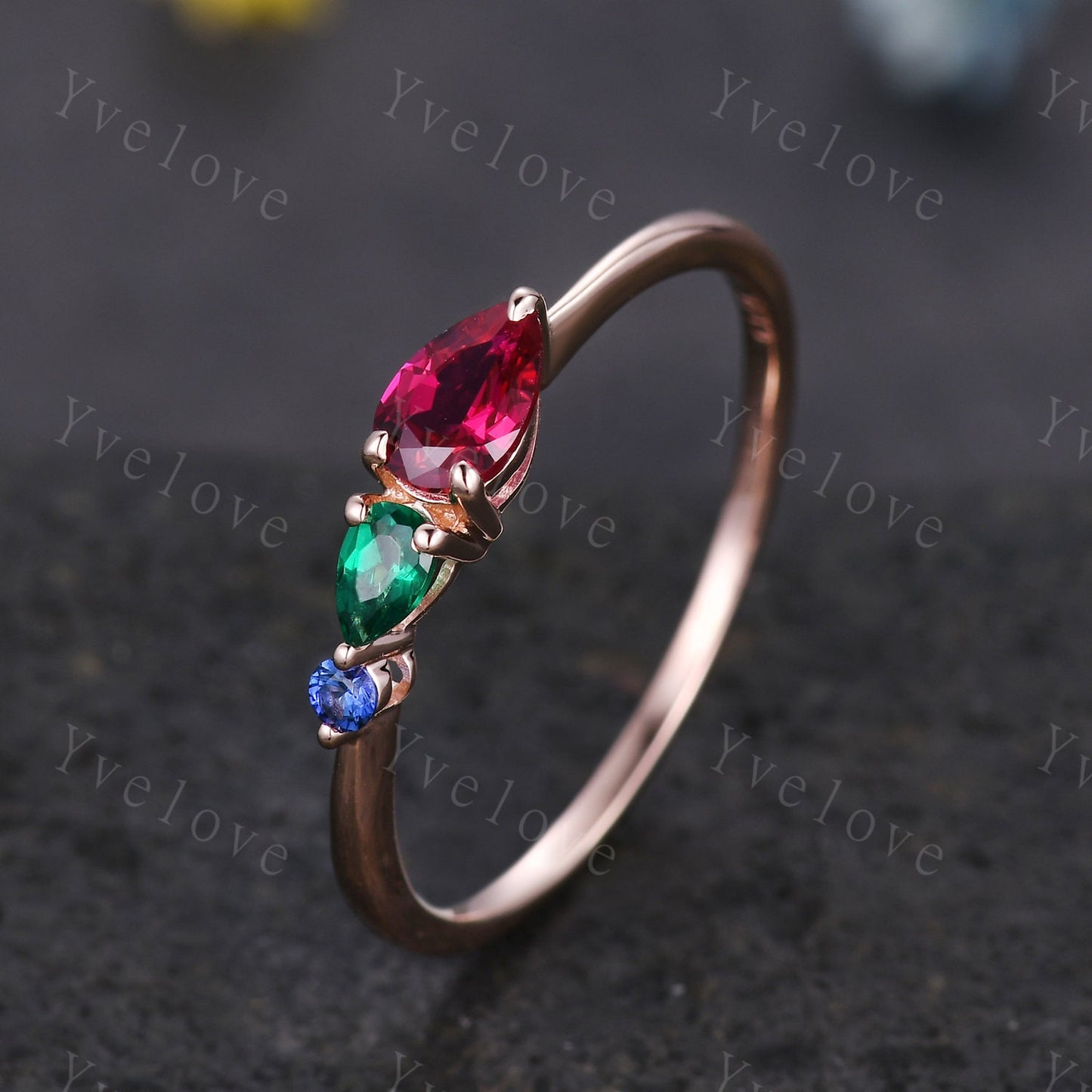 Vintage Red Ruby Engagement Ring,Pear Cut Emerald Gems,Art Deco Sapphire Wedding Band,3 Stone Unique Women Bridal Promise Ring,Custom