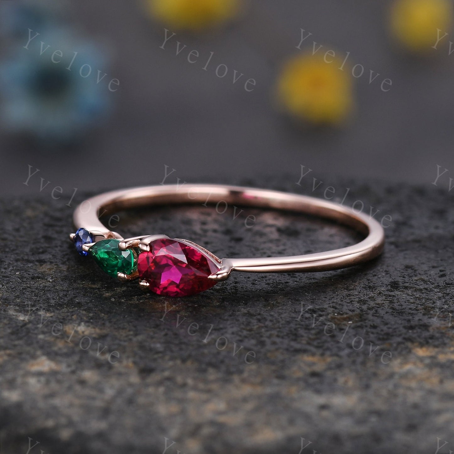 Vintage Red Ruby Engagement Ring,Pear Cut Emerald Gems,Art Deco Sapphire Wedding Band,3 Stone Unique Women Bridal Promise Ring,Custom