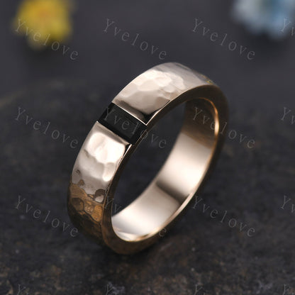 Mens Black Onyx Wedding Band Baguette Cut Black Gem Band 5mm Solid Gold Ring Mens Hammered Stacking Matching Band Retro Vintage Ring Gift