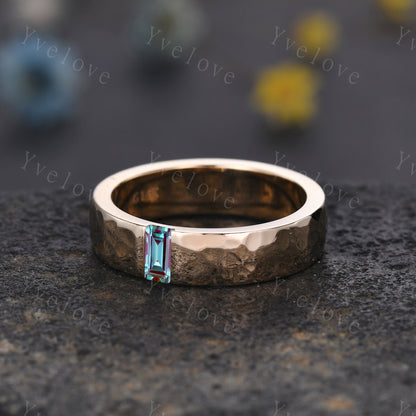 Mens Alexandrite Wedding Band Baguette Cut Alexandrite Band 5mm Black Gold Ring Mens Hammered Stacking Matching Band Retro Vintage Ring Gift