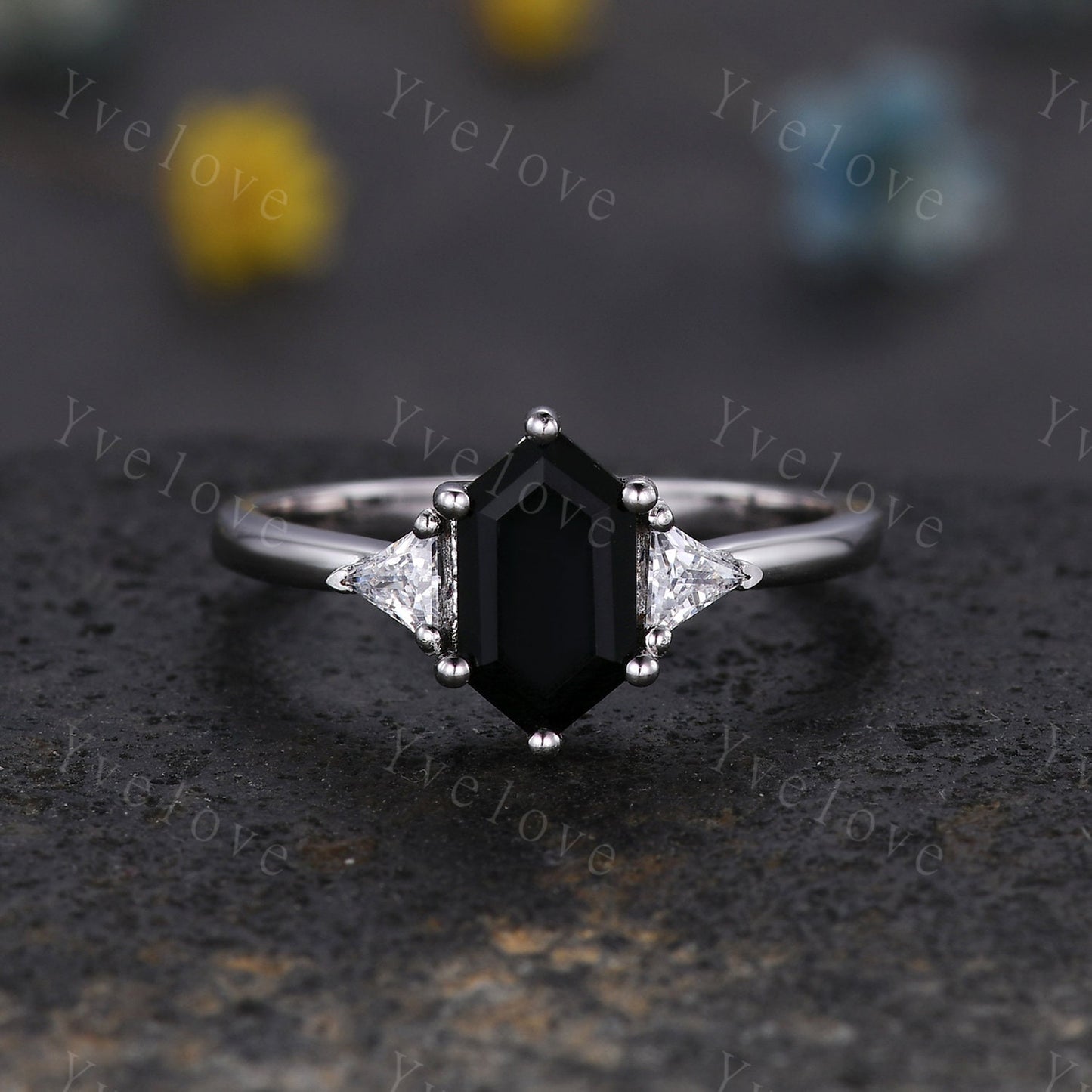 Vintage Hexagon Black Onyx Engagement Ring,Black Gems Ring,Silver Ring,Enhancer Band,Women Stacking Wedding Band,Anniversary Bridal Gift