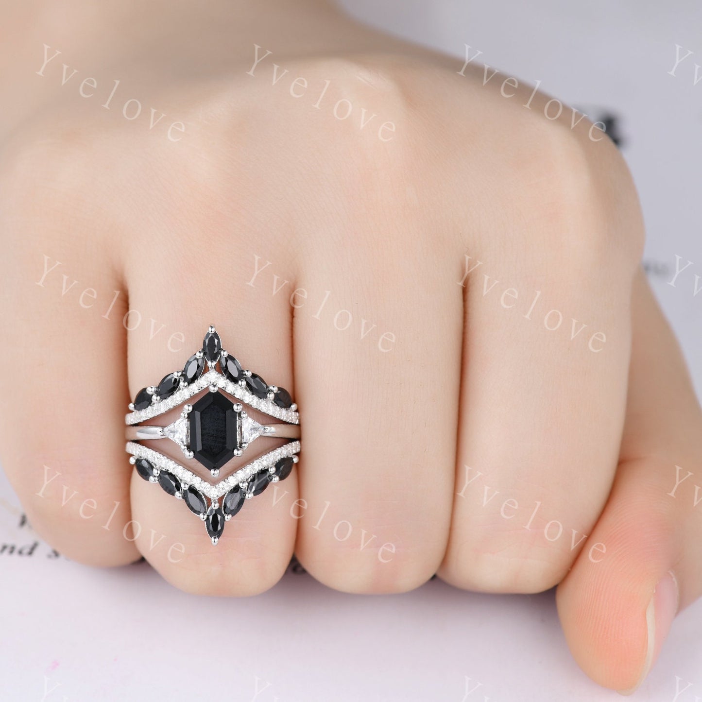 Vintage Hexagon Black Onyx Engagement Ring,Black Onyx Ring Set,Silver Ring,Enhancer Band,Women Stacking Wedding Band,Promise Bridal Gift