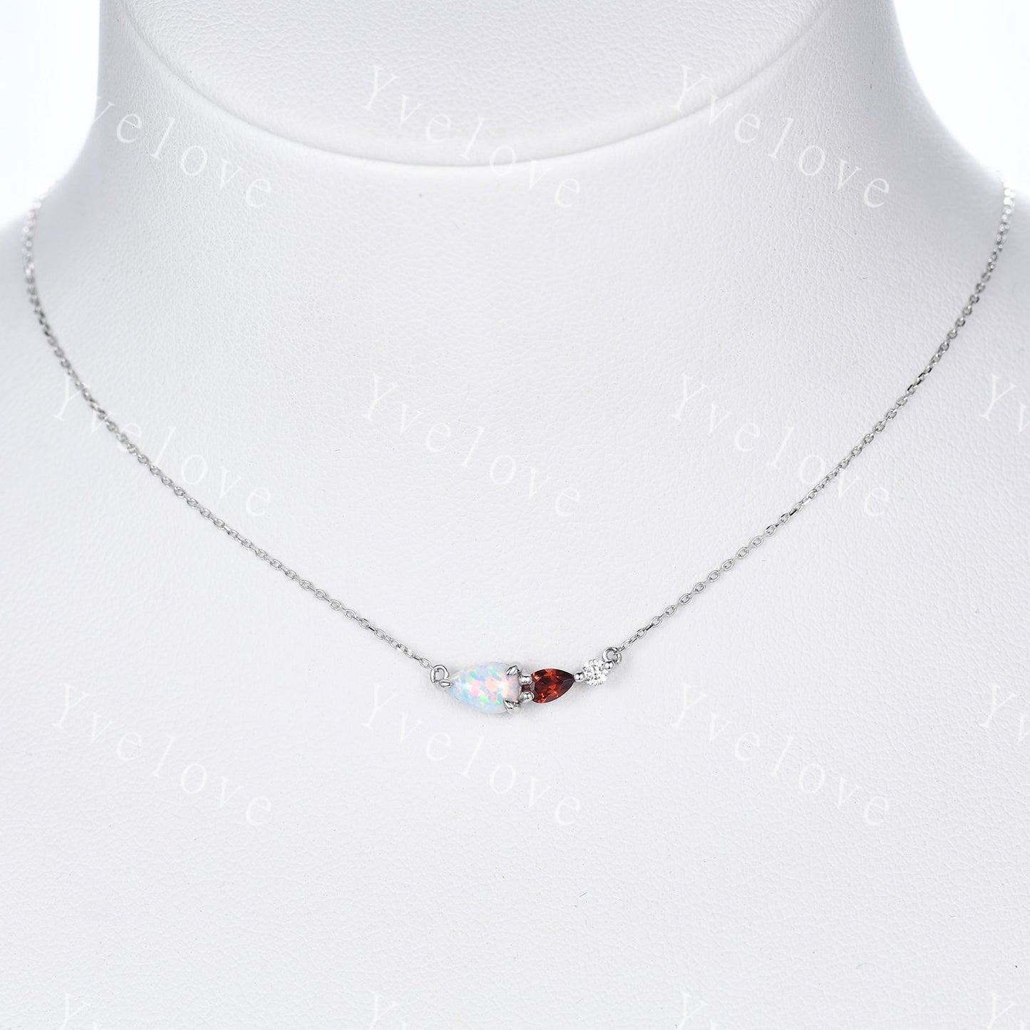 Unique Opal Garnet Necklace,Pear Cut Gems,Art Deco Moissanite Diamond Delicate Dainty Pendant,3 Stone Unique Women Bridal Gift,Silver