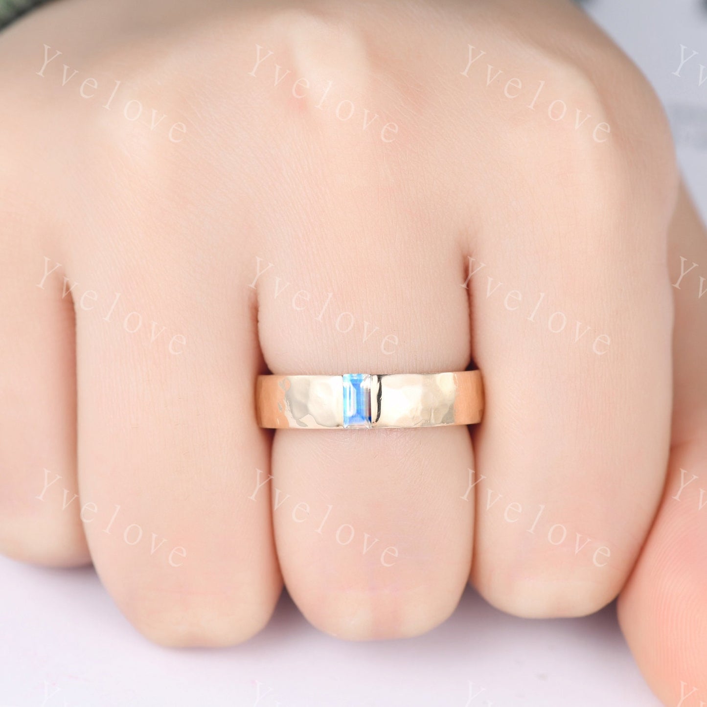 Mens Moonstone Wedding Band Baguette Cut Moonstone Band 5mm Solid Gold Ring Mens Hammered Stacking Matching Band Retro Vintage Ring Gift