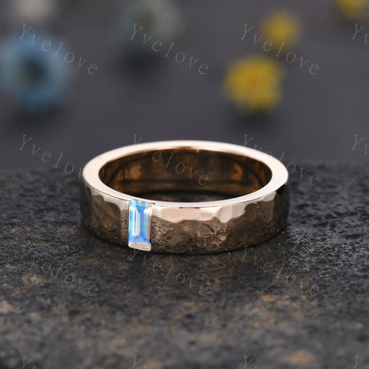 Mens Moonstone Wedding Band Baguette Cut Moonstone Band 5mm Solid Gold Ring Mens Hammered Stacking Matching Band Retro Vintage Ring Gift