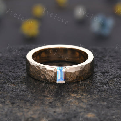 Mens Moonstone Wedding Band Baguette Cut Moonstone Band 5mm Solid Gold Ring Mens Hammered Stacking Matching Band Retro Vintage Ring Gift