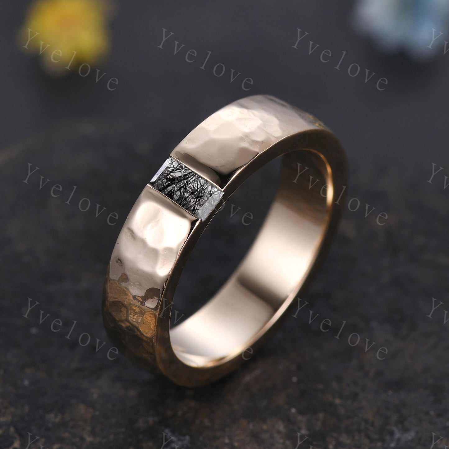 Mens Black Rutilated Quartz Wedding Band Baguette Cut Band 5mm Solid Gold Ring Mens Hammered Stacking Matching Band Retro Vintage Ring Gift