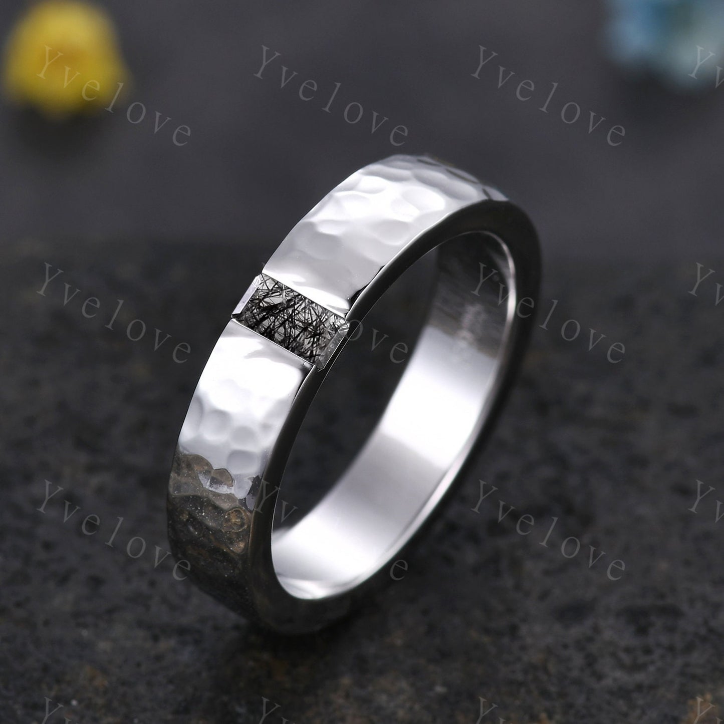 Mens Black Rutilated Quartz Wedding Band Baguette Cut Band 5mm Solid Gold Ring Mens Hammered Stacking Matching Band Retro Vintage Ring Gift