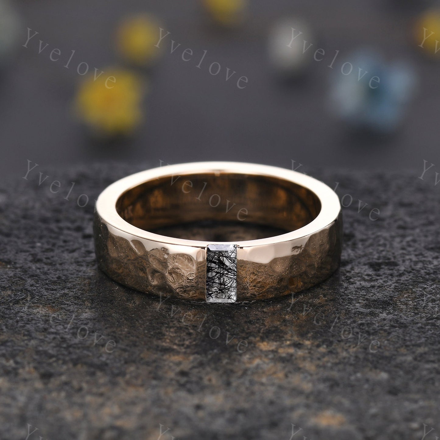 Mens Black Rutilated Quartz Wedding Band Baguette Cut Band 5mm Solid Gold Ring Mens Hammered Stacking Matching Band Retro Vintage Ring Gift