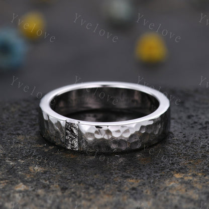 Mens Black Rutilated Quartz Wedding Band Baguette Cut Band 5mm Solid Gold Ring Mens Hammered Stacking Matching Band Retro Vintage Ring Gift