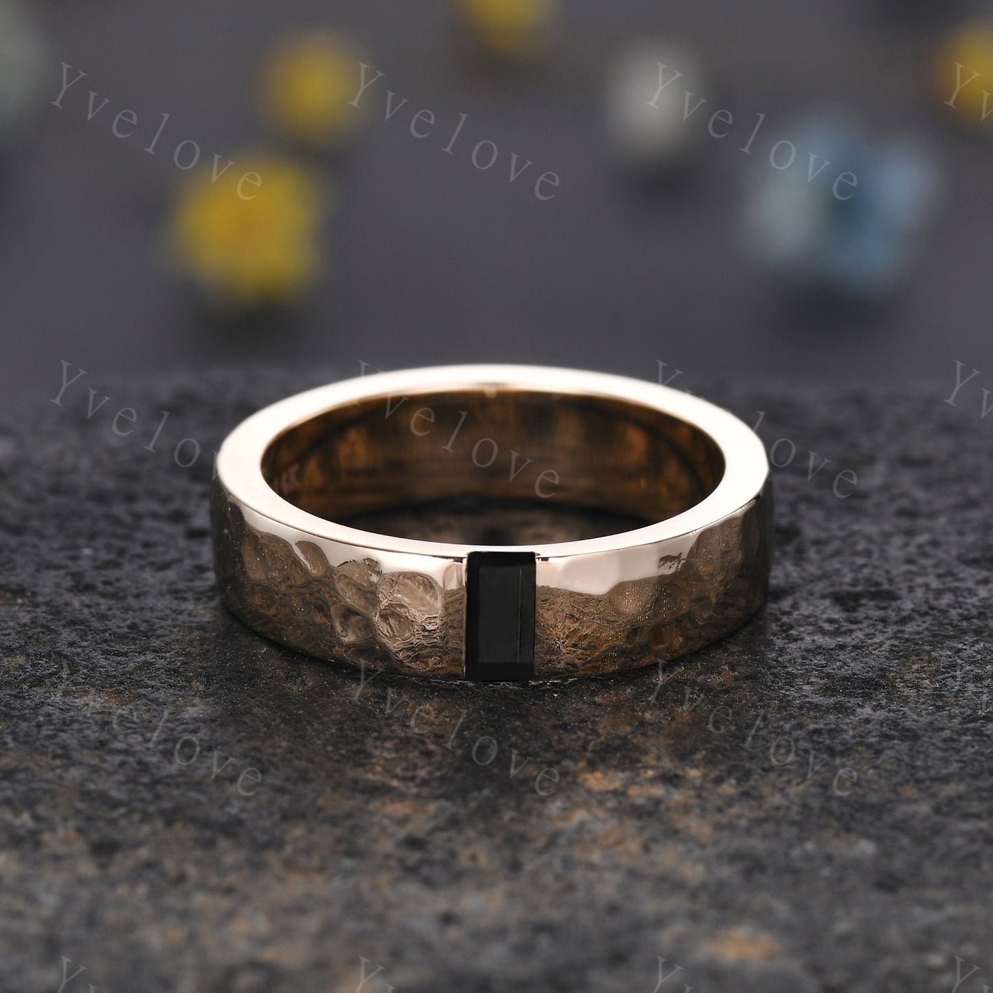 Mens Black Onyx Wedding Band Baguette Cut Black Gem Band 5mm Solid Gold Ring Mens Hammered Stacking Matching Band Retro Vintage Ring Gift