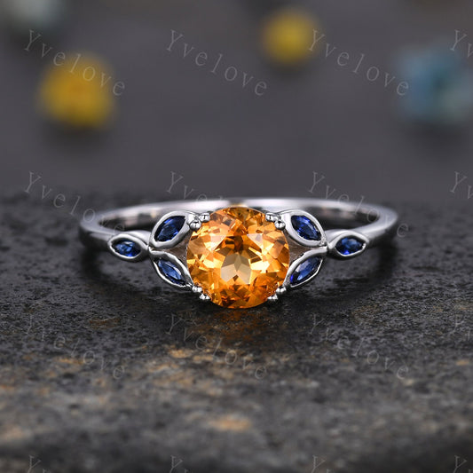 7mm Round Citrine Engagement Ring,Marquise Shaped Blue Sapphire Ring,Solid White Gold Ring,Anniversary Gift For Her,Citrine Promise Ring