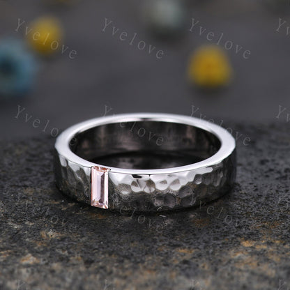 Mens Morganite Wedding Band Baguette Cut Pink Morganite Band 5mm Solid Gold Ring Men Hammered Stacking Matching Band Retro Vintage Ring Gift