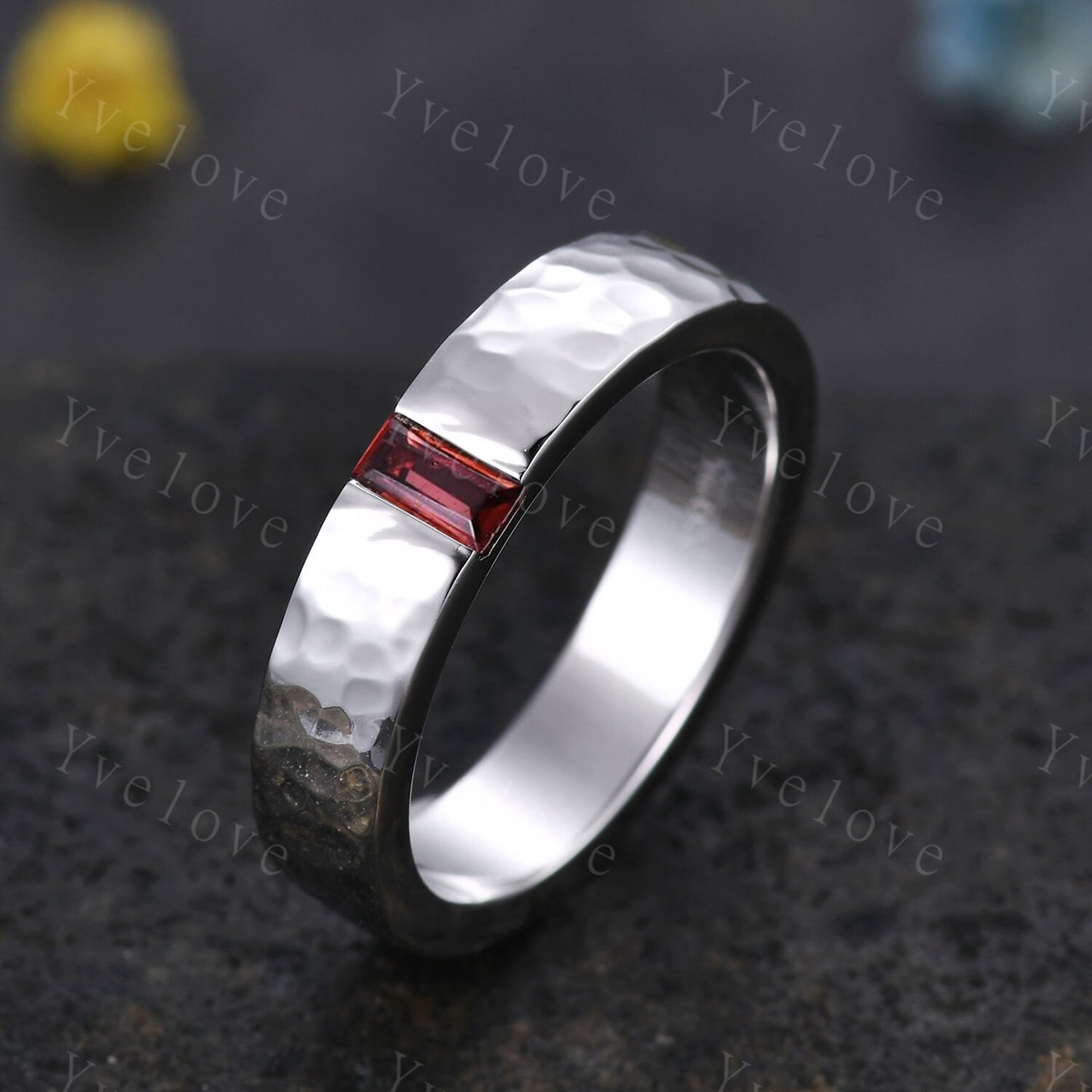 Mens Garnet Wedding Band Baguette Cut Red Garnet Band 5mm Solid White Ring Mens Hammered Stacking Matching Band Retro Vintage Ring Gift