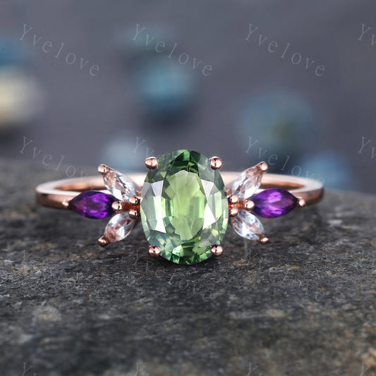 Vintage Natural Green Sapphire Engagement Ring Rose Gold Women Moissanite Amethyst Gem Match Band Promise Bridal Stacking Ring Gift for her