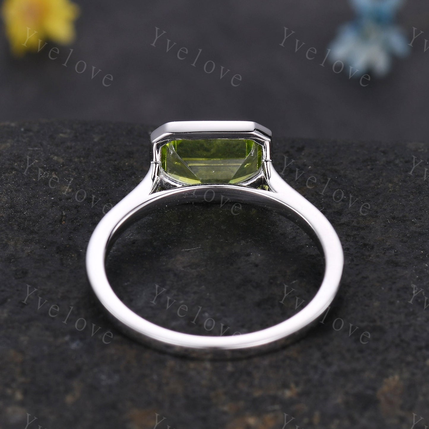 Emerald Cut Peridot Engagement Ring,East To West Ring,Solitaire Ring,Bezel Set Ring,Wedding Ring,Solid White Gold,Thin band Bridal Gift