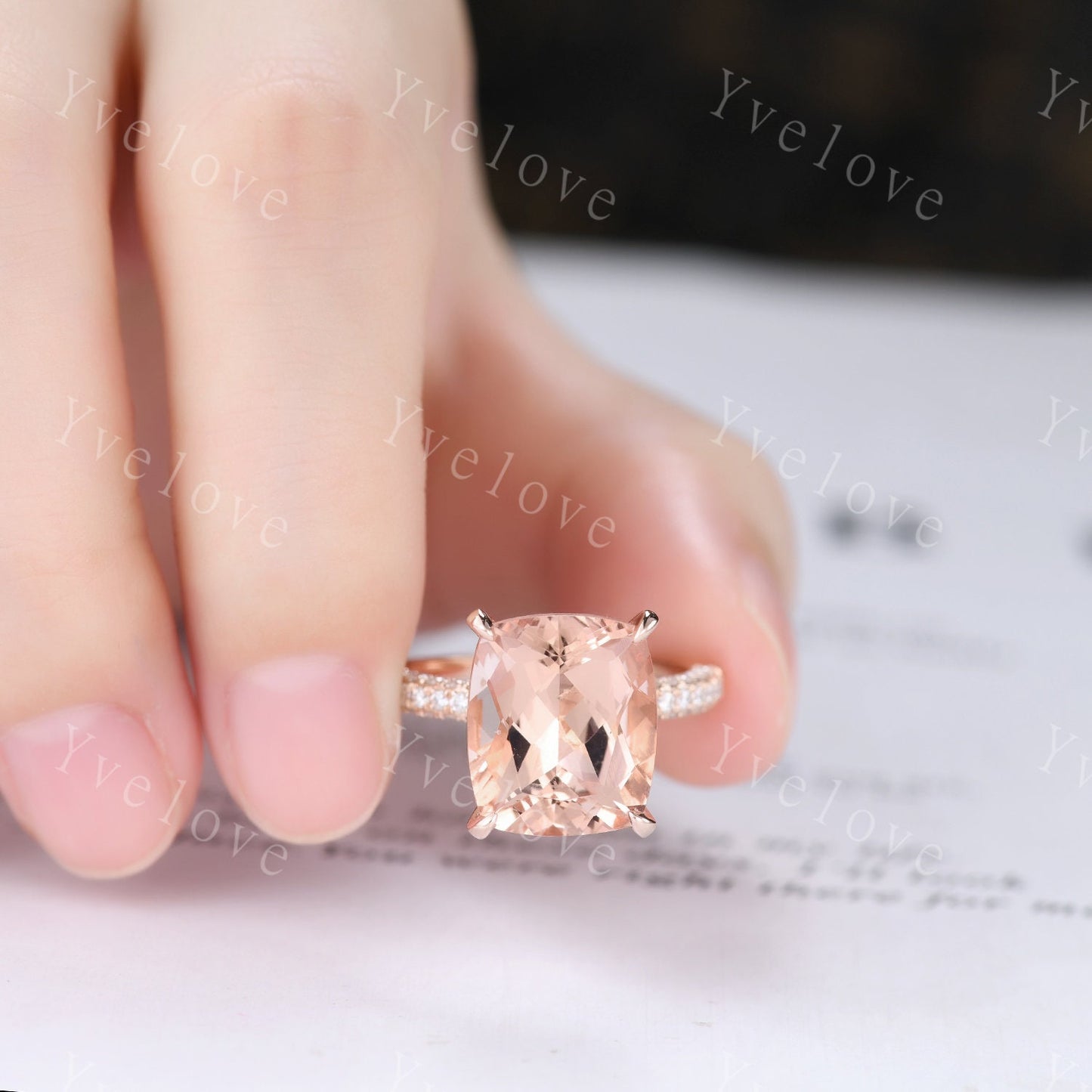 13x11mm Morganite engagement ring pink morganite ring big cushion shape natural gemstone diamond wedding band 14k rose gold gift for her