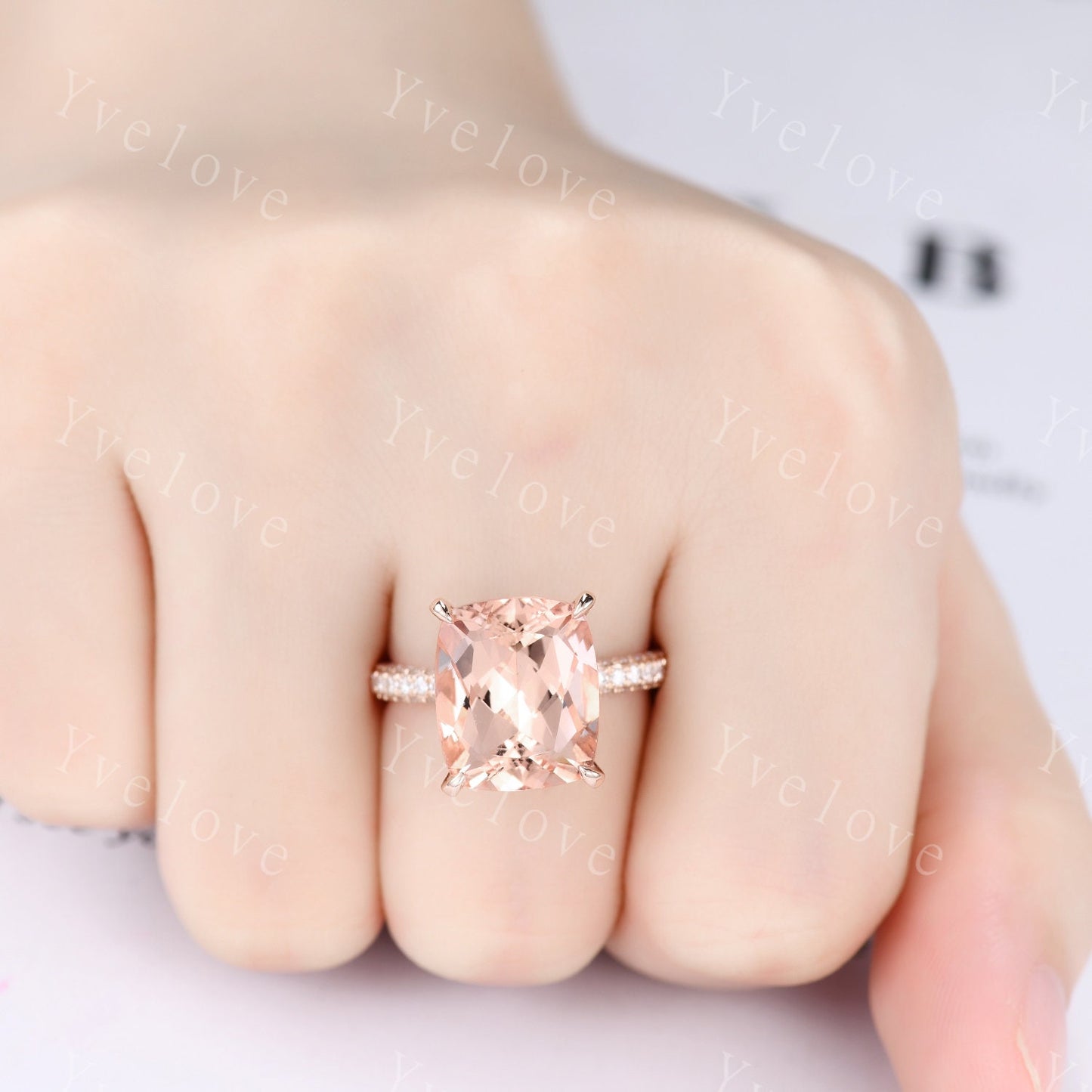 13x11mm Morganite engagement ring pink morganite ring big cushion shape natural gemstone diamond wedding band 14k rose gold gift for her