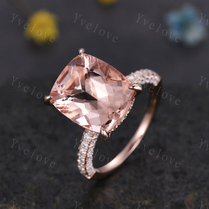 13x11mm Morganite engagement ring pink morganite ring big cushion shape natural gemstone diamond wedding band 14k rose gold gift for her