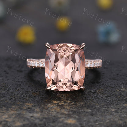 13x11mm Morganite engagement ring pink morganite ring big cushion shape natural gemstone diamond wedding band 14k rose gold gift for her