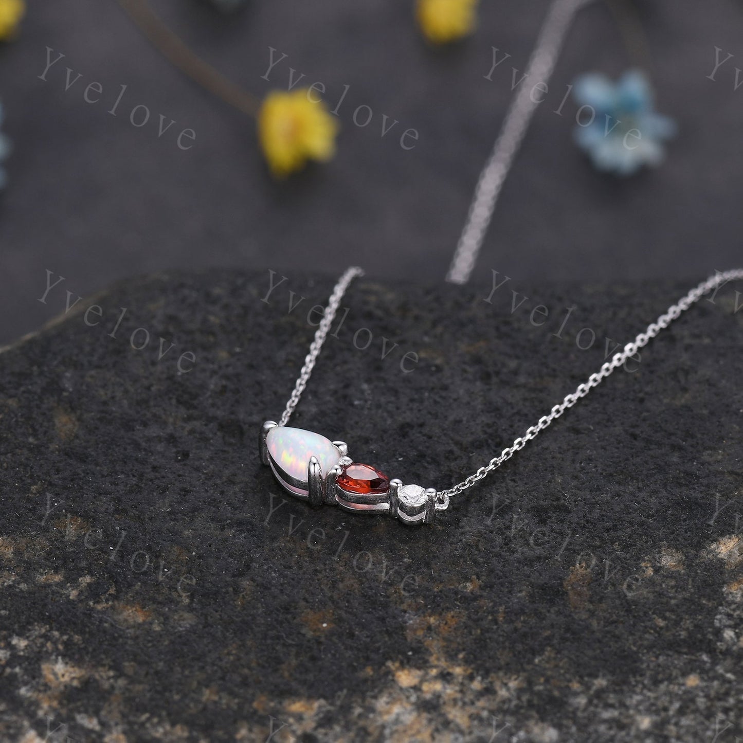 Unique Opal Garnet Necklace,Pear Cut Gems,Art Deco Moissanite Diamond Delicate Dainty Pendant,3 Stone Unique Women Bridal Gift,Silver