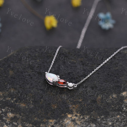 Unique Opal Garnet Necklace,Pear Cut Gems,Art Deco Moissanite Diamond Delicate Dainty Pendant,3 Stone Unique Women Bridal Gift,Silver