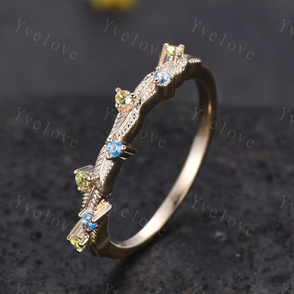 Dainty Peridot Blue Topaz Engagement Ring,Family Gems,Leaf Band,Twig Branch Wedding Band,14k Gold Vintage Women Stacking Matching Ring Gift