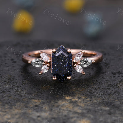 Vintage Hexagon cut Sandstone Engagement Ring Set,Unique Bridal Set,Marquise Black Rutilated Quartz,Rose Gold Black Diamond Galaxy Ring Gift