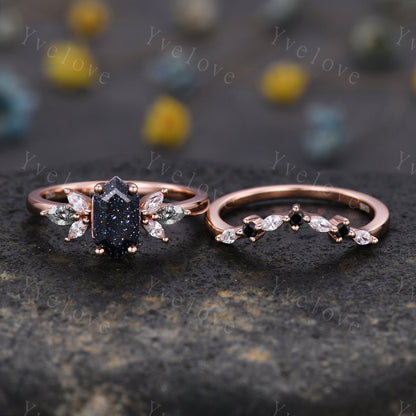 Vintage Hexagon cut Sandstone Engagement Ring Set,Unique Bridal Set,Marquise Black Rutilated Quartz,Rose Gold Black Diamond Galaxy Ring Gift