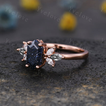 Vintage Hexagon cut Sandstone Engagement Ring Set,Unique Bridal Set,Marquise Black Rutilated Quartz,Rose Gold Black Diamond Galaxy Ring Gift