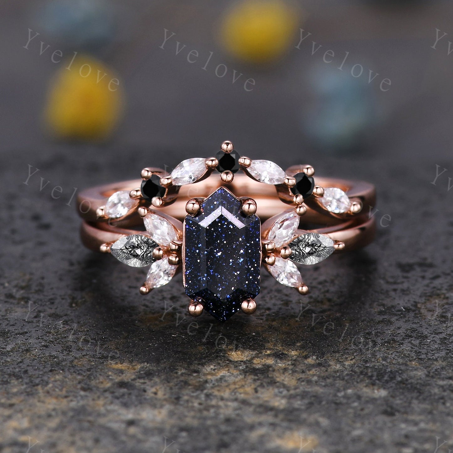 Vintage Hexagon cut Sandstone Engagement Ring Set,Unique Bridal Set,Marquise Black Rutilated Quartz,Rose Gold Black Diamond Galaxy Ring Gift