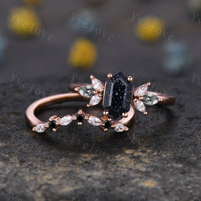 Vintage Hexagon cut Sandstone Engagement Ring Set,Unique Bridal Set,Marquise Black Rutilated Quartz,Rose Gold Black Diamond Galaxy Ring Gift