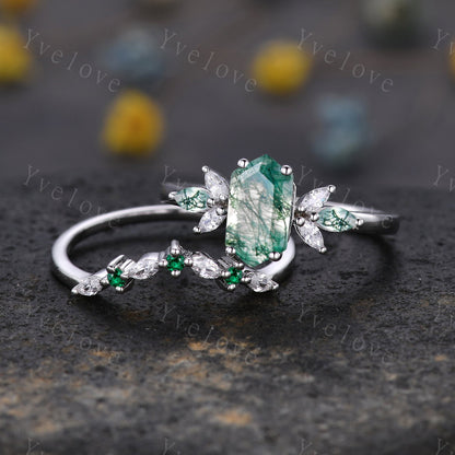 Vintage Hexagon cut Moss Agate Engagement Ring Set,Unique Bridal Set Marquise Moissanite Emerald Wedding Band Promise Ring Gift Platinum