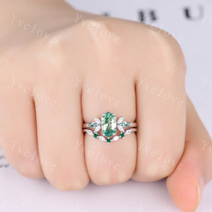 Vintage Hexagon cut Moss Agate Engagement Ring Set,Unique Bridal Set Marquise Moissanite Emerald Wedding Band Promise Ring Gift Platinum