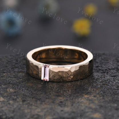 Mens Morganite Wedding Band Baguette Cut Pink Morganite Band 5mm Solid Gold Ring Men Hammered Stacking Matching Band Retro Vintage Ring Gift