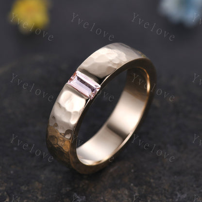 Mens Morganite Wedding Band Baguette Cut Pink Morganite Band 5mm Solid Gold Ring Men Hammered Stacking Matching Band Retro Vintage Ring Gift