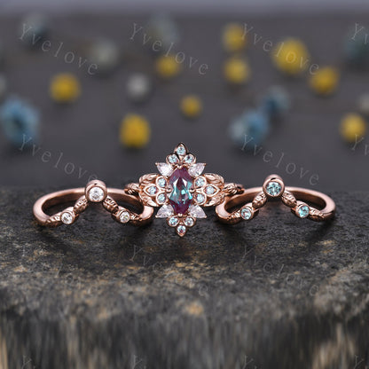 Vintage alexandrite engagement ring set,Antique gold wedding set,Art deco moissanite leaf stacking ring,bridal set,retro rings for women