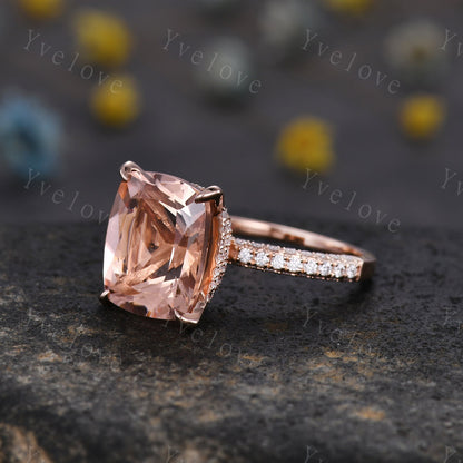 13x11mm Morganite engagement ring pink morganite ring big cushion shape natural gemstone diamond wedding band 14k rose gold gift for her