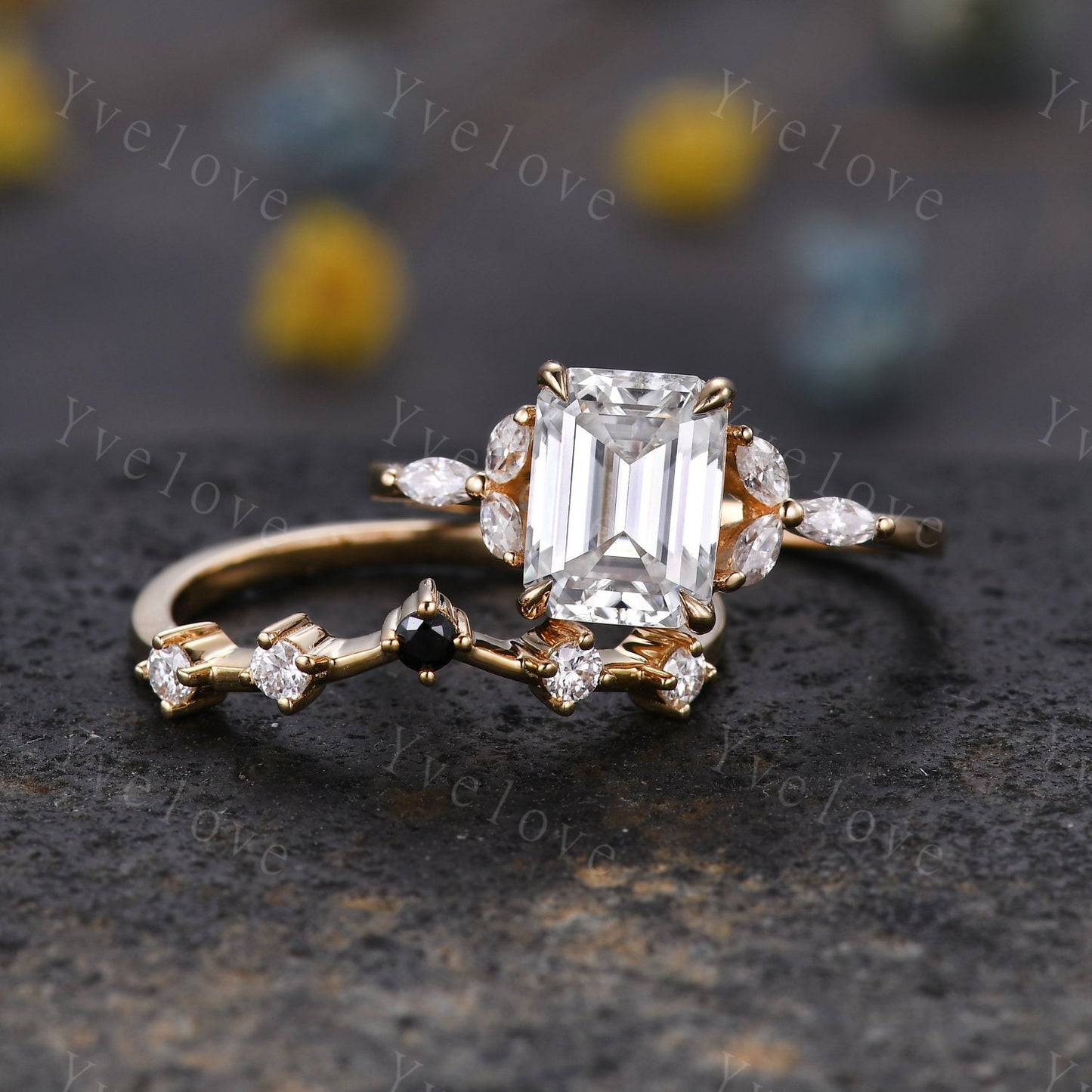 Vintage Moissanite Engagement Ring Emerald Cut Moissanite Gemstone Ring Floral Split Shank Diamond Ring Bridal Ring Gift 10k Solid Gold Ring