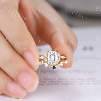 Vintage Moissanite Engagement Ring Emerald Cut Moissanite Gemstone Ring Floral Split Shank Diamond Ring Bridal Ring Gift 10k Solid Gold Ring