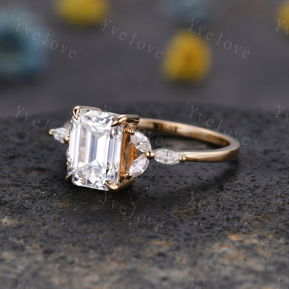 Vintage Moissanite Engagement Ring Emerald Cut Moissanite Gemstone Ring Floral Split Shank Diamond Ring Bridal Ring Gift 10k Solid Gold Ring