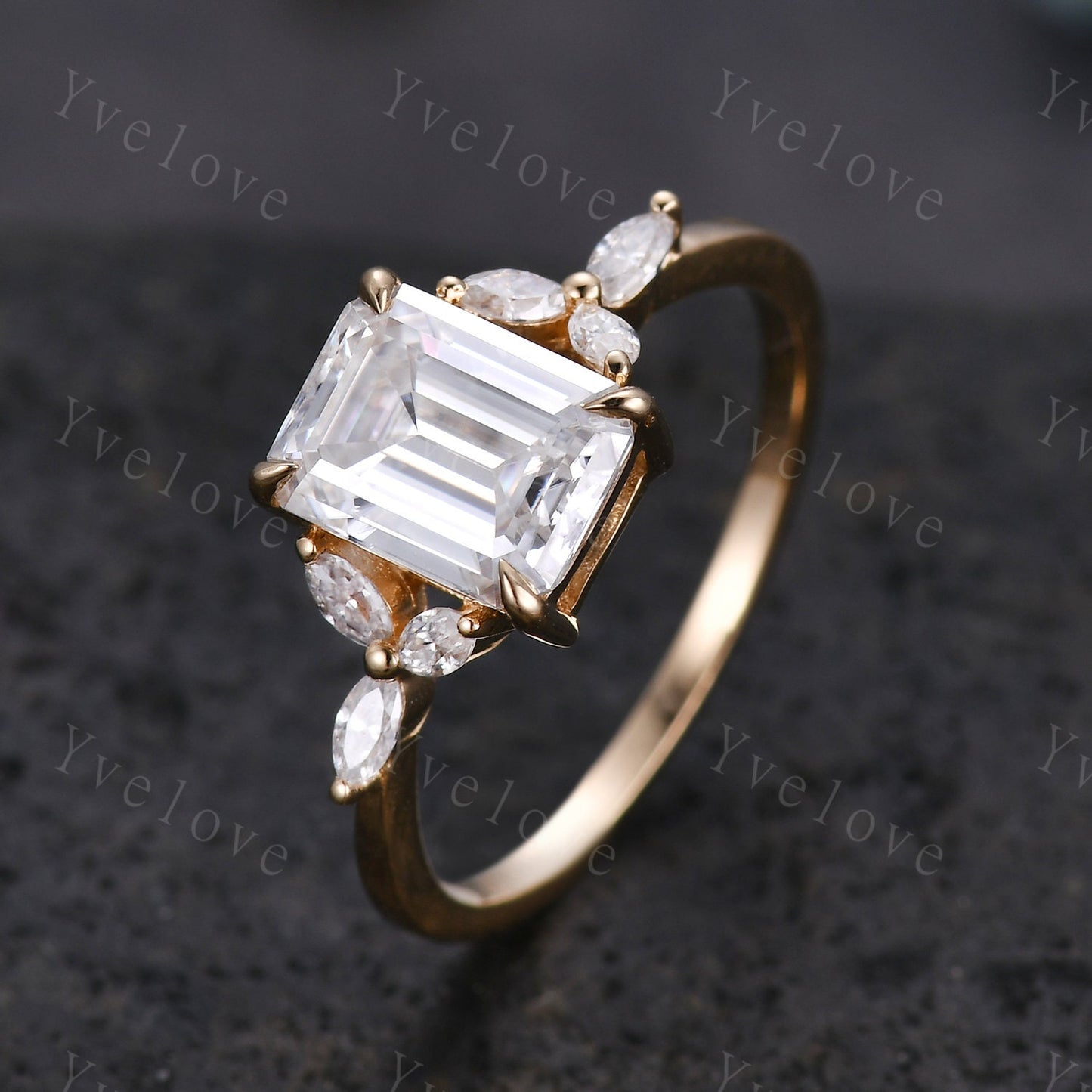 Vintage Moissanite Engagement Ring Emerald Cut Moissanite Gemstone Ring Floral Split Shank Diamond Ring Bridal Ring Gift 10k Solid Gold Ring