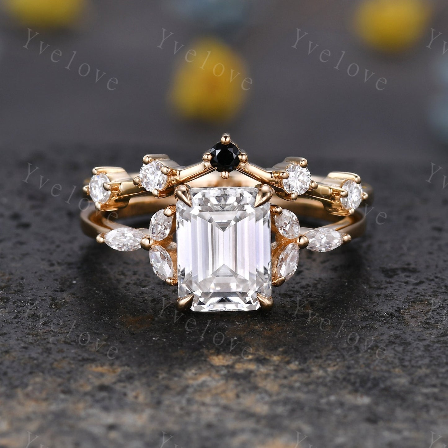Vintage Moissanite Engagement Ring Emerald Cut Moissanite Gemstone Ring Floral Split Shank Diamond Ring Bridal Ring Gift 10k Solid Gold Ring