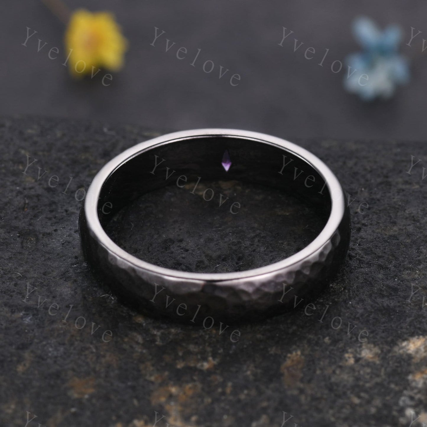 Mens Kite Amethyst Wedding Band Retro Black Gold Ring Mens Hammered Stackable Matching Ring February Birthstone Vintage Ring Gift For Him