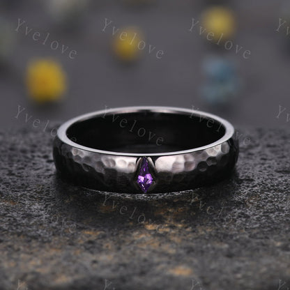 Mens Kite Amethyst Wedding Band Retro Black Gold Ring Mens Hammered Stackable Matching Ring February Birthstone Vintage Ring Gift For Him