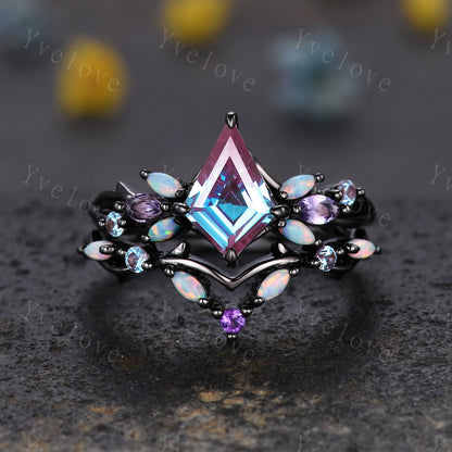 Vintage Kite Alexandrite Engagement Ring Set,White Gold,Vines Amethyst Opal Ring,Women Bridal Set,Unique Twig Anniversary Promise Ring Gift